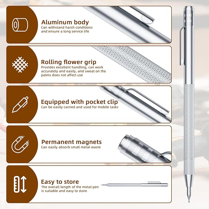 2-Pack Tungsten Carbide Scriber, Metal Scribe Tool with 25 Replacement Marking Tips & Steel Ruler - Knurled Aluminum Handle & Magnet, Engraving Pen for Glass/Ceramics/Metal Sheet (2)