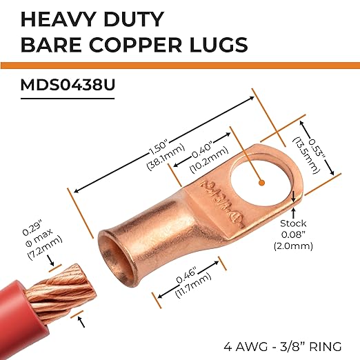 SELTERM 2pcs 4 AWG 3/8" Stud Copper Wire Lugs, Battery Lugs, Ring Terminals, Battery Cable Ends, 4 Guage Ring Terminal Connectors, UL Heavy Duty Bare Copper Eyelets Battery Terminal Connectors