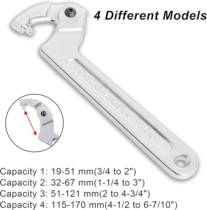 Adjustable C Pin Spanner Hook Wrench for Hydraulic Ram Cylinder, Mechanical Machine, Equipments Vehicles, (4 Pcs) 3/4-2", 1 1/4-3", 2-4 3/4", 4 1/2-6 7/10" Round Head Pin Spanner Wrench Set