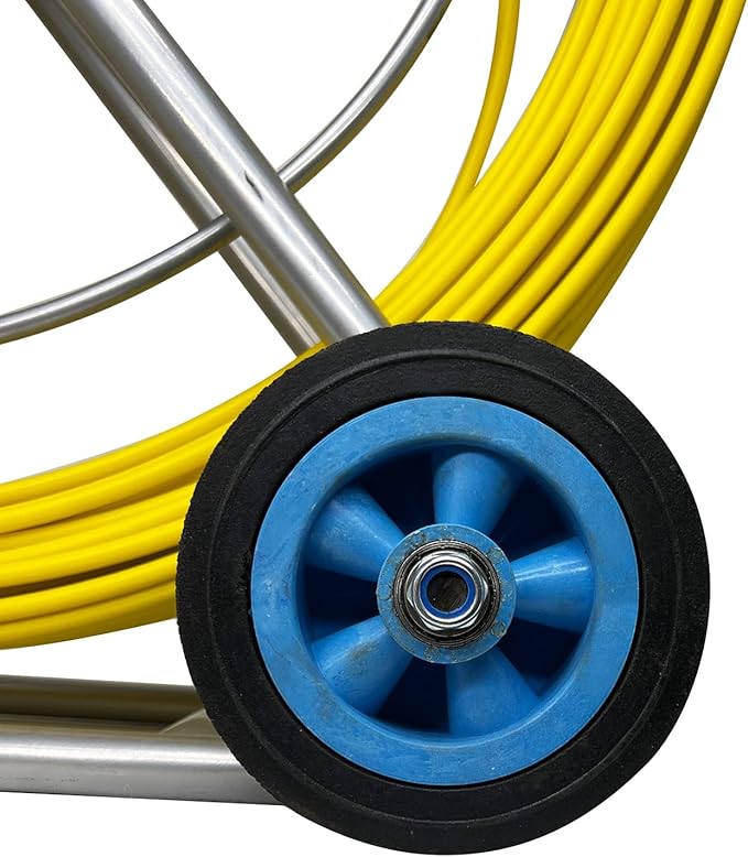8MM 150M Fiberglass Duct Rodder Conduit Fish Tape Cable Puller Electrical Wire Puller Fiberglass Running Rod Wheel with Cage