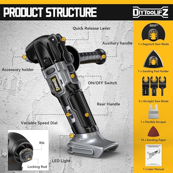 Cordless Oscillating Tool for Dewalt 20V Battery, 6 Variable Speed Brushless-Motor Tool, Oscillating Multi Tool Kit for Cutting Wood Drywall Nails Remove Grout & Sanding(Battery Not Included)