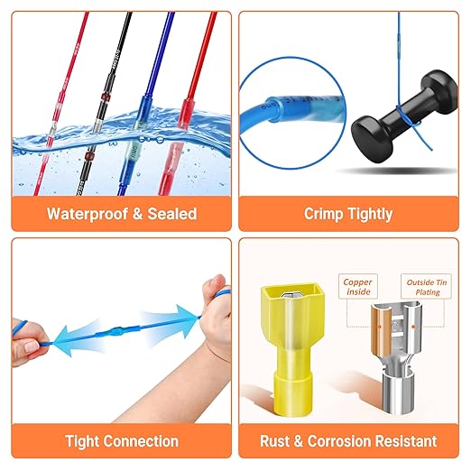 Kuject 500PCS Multipurpose Heat Shrink Wire Connectors Waterproof Electrical Crimp Connector Assortment Kit, Insulated Ring Fork Spade T-Tap Solder Butt Splice Terminal for Automotive Marine Boat