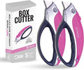 Pink Box Cutter Retractable Utility Knife - Two Pack Heavy Duty Cardboard Carton Cutter Opener Retracting - with 5 Sharp Utility Razors
