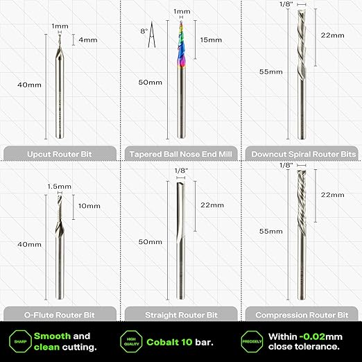 6Pcs CNC Router Bits End Mill, 1/8 Shank CNC Cutter Milling Machine Bit Set Including Downcut and Upcut, Router Accessories for Wood, Plastic and Carving