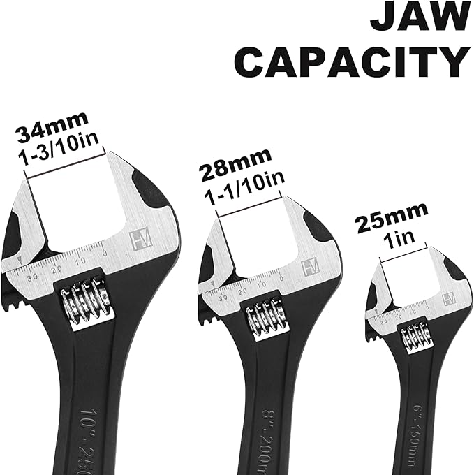HAUTMEC 3PCS Adjustable Wrench Set Extra Wide Jaw Black Finish Adjustable Wrenches Drop-Forged CR-V Steel Metric & SAE Scales 6 in. 8 in. 10 in. for Home Garage Workshop DIY