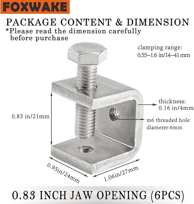Mini C Clamps Stainless Steel 0.83 Inch for Working, Heavy Duty Small U Clamps for Metal Mounting, Universal Desk Clamp with Stable Wide Jaw Opening/I-Beam Design (6pcs)