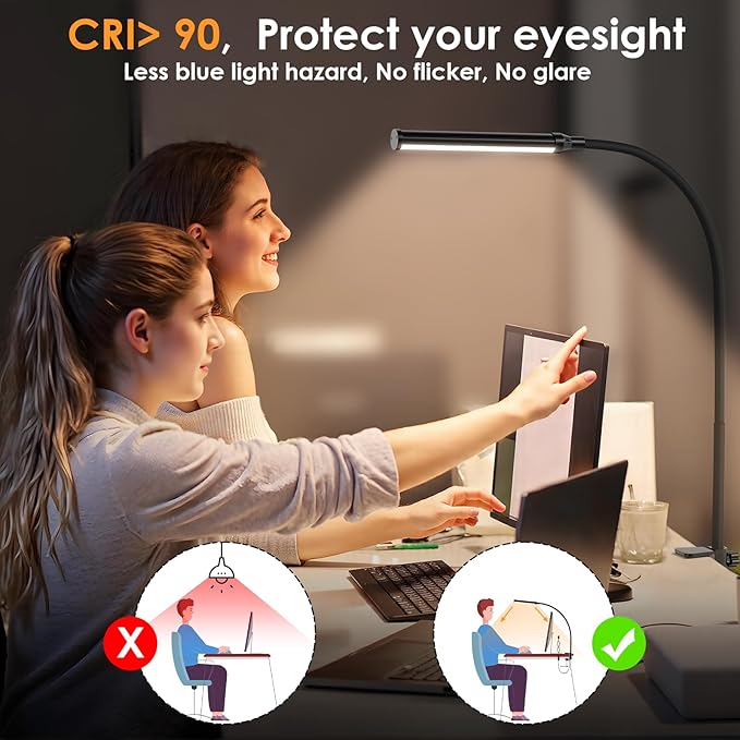 ShineTech LED Desk lamp with Clamp, 3000K Warm White 11 Brightness Level Eye-Caring Clip Lights for Home Office, Flexible Gooseneck USB Adapter, Black