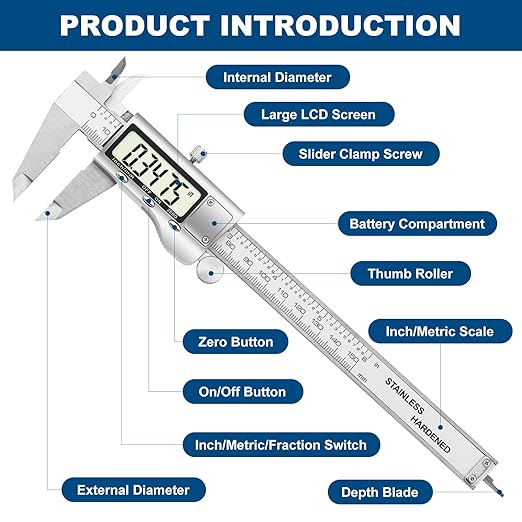 Digital Caliper Measuring Tool, 6 Inch Stainless Steel Vernier Caliper Digital Micrometer with Large LCD Screen, Auto-Off Feature, Easy Switch from Inch to Millimeter
