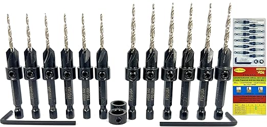 FTG USA Countersink Drill Bit Set for Wood with Tapered Drill Bit 6 Pc #4 (7/64"), 6 Pc #6 (9/64")