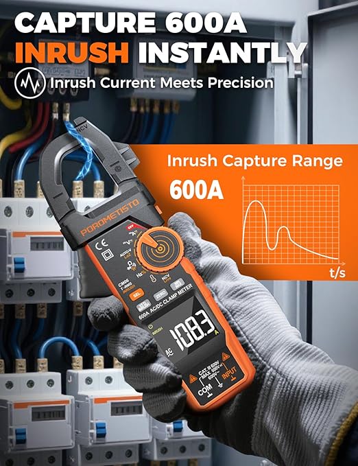 Digital Inrush Clamp Meter, CM06 Clamp Multimeter, T-RMS 6000 Counts 600A Amp Voltage Tester with VFD, LOZ, Measures NCV, AC/DC Voltage Current, Continuity Capacitance Frequency Resistance