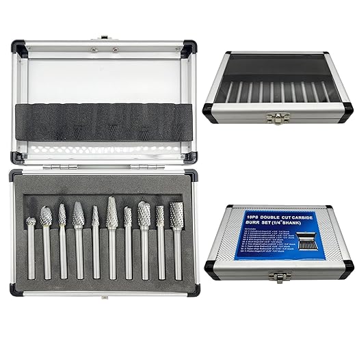 10Pcs Carbide Burr Set for Die Grinder Bits,1/4" Shank Double Cut Rotary Tool Bits | Metal, Wood, Plastic Working | Grinding, Engraving, Milling, Polishing | Durable Tungsten Carbide