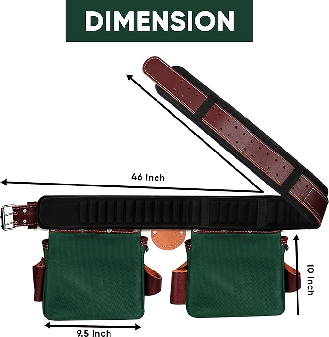 FUERI Tool Belt Men Heavy Duty 26 Pocket Tools Bags Pouches Holder Organizer for Carpenter Construction Electrician Framer Nylon Leather (Green & Maroon, Extra Large 42" - 48")