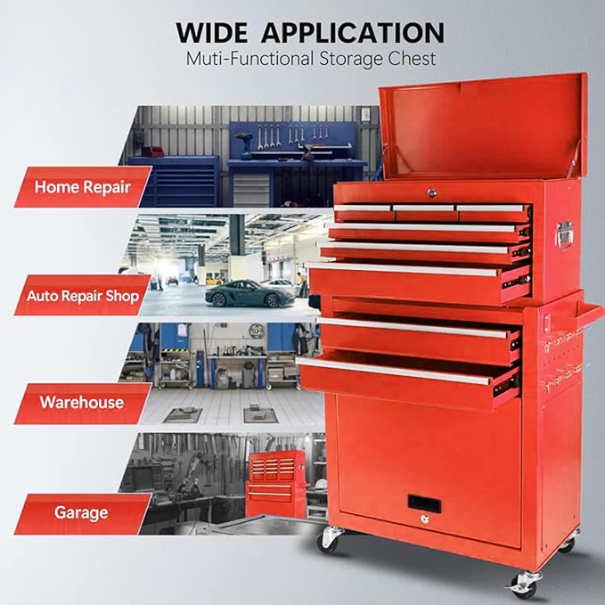 Rolling Tool Chest with Wheels, 8-Drawer Tool Box Organizer with Lock, Detachable Top Cabinet, Sliding Drawers, Tool Storage Cabinet for Garage & Workshop, Red