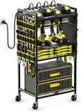 JUNNUJ Large Power Tool Organizer Cart with Charging Station, Garage Floor Standing Rolling Drill and Tools Battery Storage Cart on Wheels, Heavy Duty Rack Shelf with 8 Outlet Power Strip, Yellow