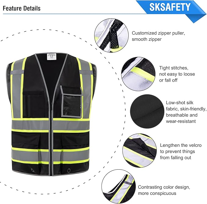 SKSAFETY 10 Pockets Safety Vest, Class 2 High Visibility Security with Zipper, Hi Vis Vest with Reflective Strips, ANSI/ISEA Standard, Construction Work Vest for Men ＆ Women （Black, XL）