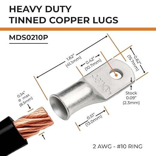 SELTERM 10pcs 2 AWG-#10 Stud Tinned Copper Wire Lugs, Heavy Duty Battery Cable Ends,2 Gauge Ring Terminals, UL Battery Lugs Marine Grade Copper Eyelets Electrical Battery Terminal Connectors