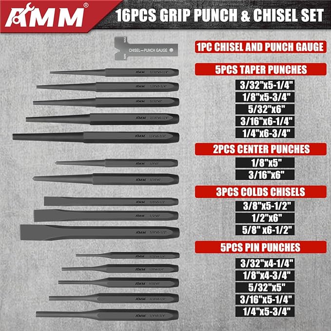AMM 28 PCS Heavy Duty Punch and Chisel Set, Including Taper Punch, Cold Chisels, Pin Punch and Center Punch, Cr-V, Ideal for Working with Wood, Metal, Automotive, Sculpture, etc