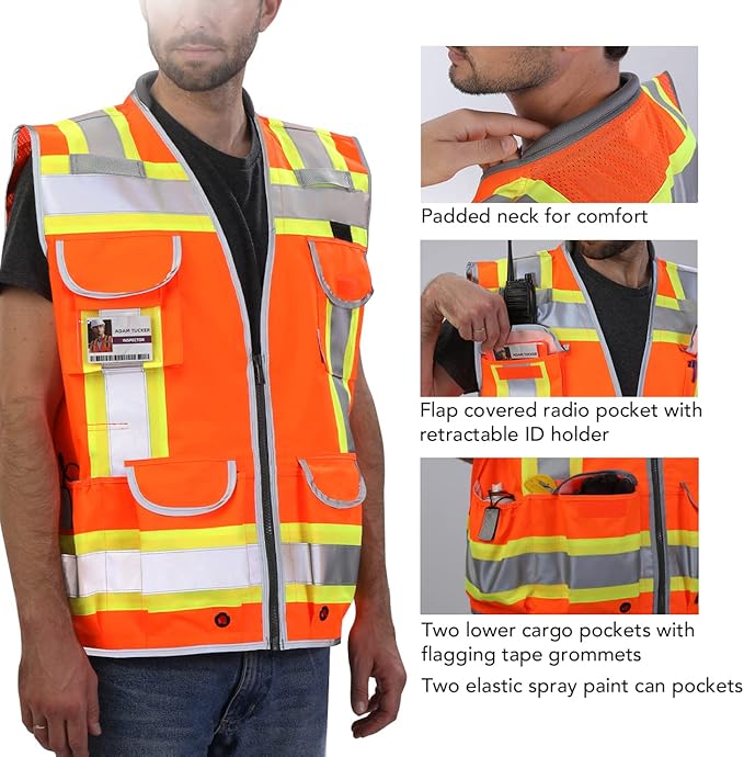 Dib Safety Reflective Vest Heavy Duty, High Visibility Two Tone Engineer Vest, Made with 3M Tape, Padded Collar, Retractable ID Pocket, Orange XL
