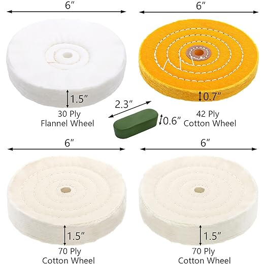 Hedume 7 Pcs 6" Polishing Wheels Kit for Bench Grinder, 1/2" Arbor Hole 2 White Cotton Polish Wheel(70Ply), 1 Yellow Cotton Wheel(42Ply), 1 Soft Flannel Buffing Wheel(30Ply), 3 Polishing Compound Set