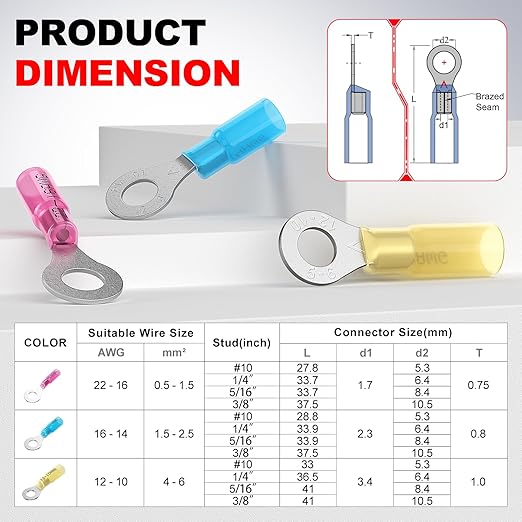 AIRIC 16-14 AWG - #10 Heat Shrink Ring Terminals, Copper Terminal Connector Ends, Battery Cable End Lugs, Blue Insulated Electrical Crimp Wiring Connectors, Wire Lug for 16, 14 Gauge Wires, 100 PCS