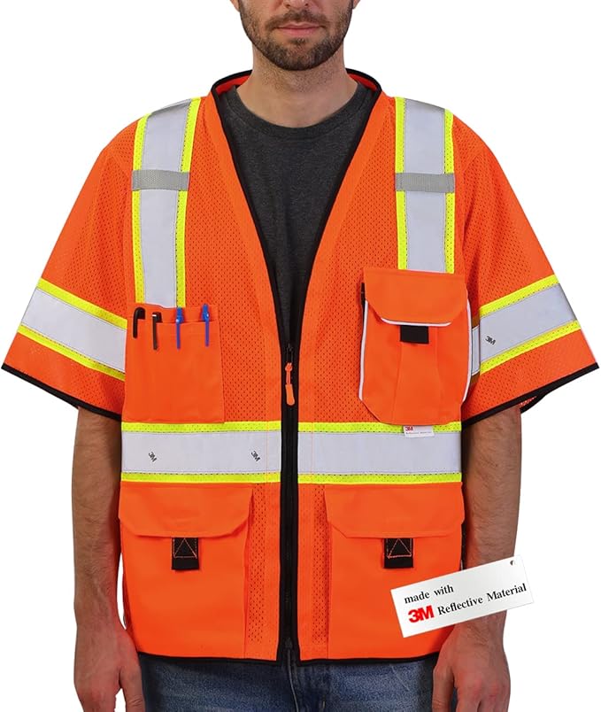 Dib Safety Reflective Mesh Vest ANSI Class 3, High Visibility with Pockets and Zipper, Made with 3M Reflective Tape, Orange L