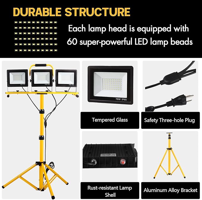 21000 Lumen Work Lights with Stand, 3 Adjustable Head LED Work Light, with Adjustable and Foldable Tripod Stand, Waterproof Lamp with Individual Switch with 6500 Kelvin Color Temperature