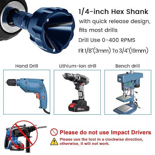 Hakkin 2Pcs Tungsten Carbide Deburring External Chamfer Tool 1/8"-3/4"(3mm-20mm), Deburring Chamfering Drill Bit for Metal, Bolt Thread Repair with Quick Release Hex Shank（Blue）