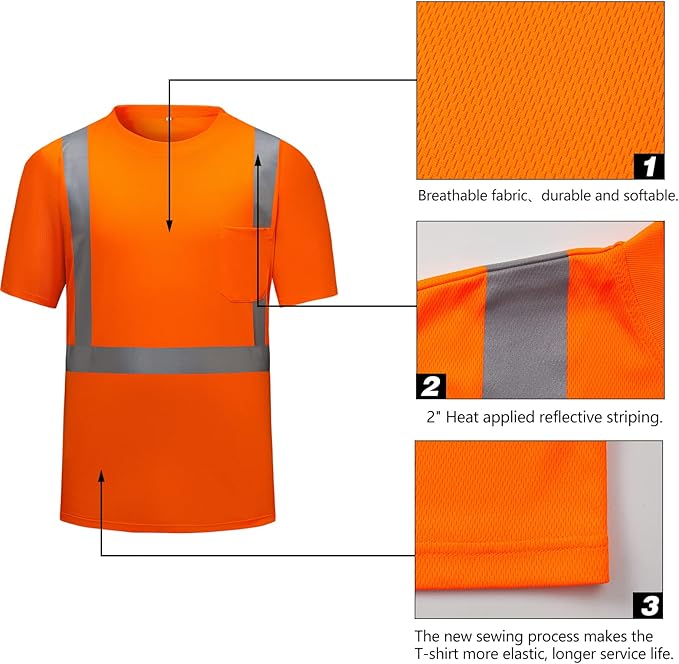 High Visibility Shirts Quick Dry Safety T Shirts with Reflective Strips and Pocket Short Sleeve Mesh Hi Vis Construction Work Class 2 Shirt for Men/Women Orange,5XL