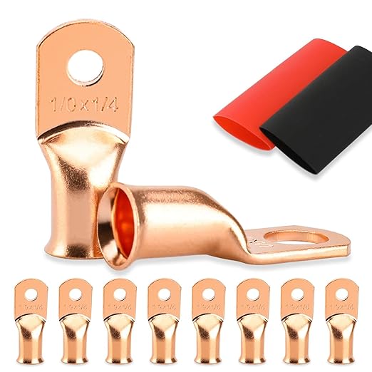 8PCS Battery Cable Ends, 1/0 Gauge Wire Connectors 1/4 Copper Wire Lugs, Bare Copper Eyelets with Heat Shrink Tubing by HOUSUN