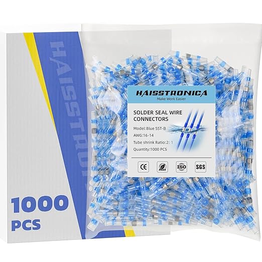 haisstronica 1000PCS Blue Solder Seal Wire Connectors, 16-14 AWG Marine Grade Waterproof Electrical Butt Terminals