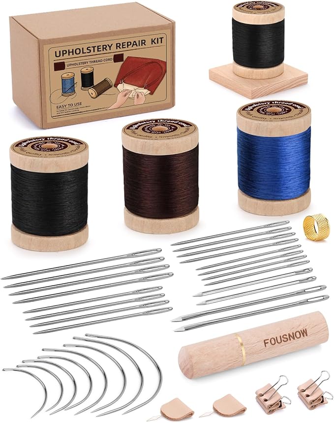 FOUSNOW Upholstery Repair Sewing Kit, 33 Pcs Needle and Thread Kit with Sewing Upholstery Needle Thread Rack Leather Binder Clips for Clothes Sofa Carpet Shoes Repair Crafts