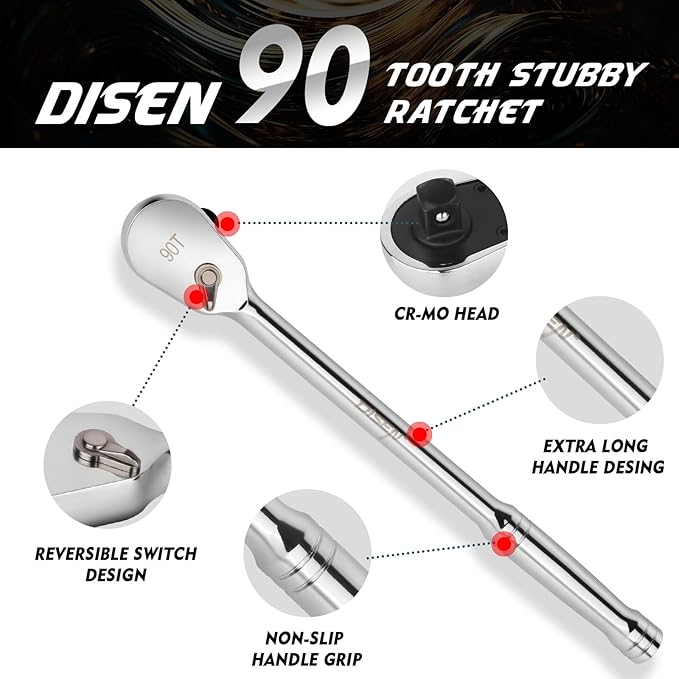 DISEN 3/8" Drive Ratchet,90-Tooth Ratchet Wrench with 10" Handle and Dust Proof Teardrop Enclosed Head, Reversible, CR-V Steel Made, CR-MO Head, Full Polished, Gifts for Men