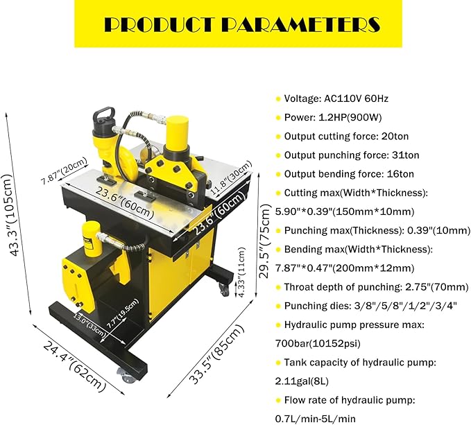 3in1 Electric Hydraulic Busbar Processor Busbar Bender 8" Cutter/Bender/Hole Puncher Cutting Punching Bending Machine for Copper, Aluminum for Iron, Copper, Aluminum 110V
