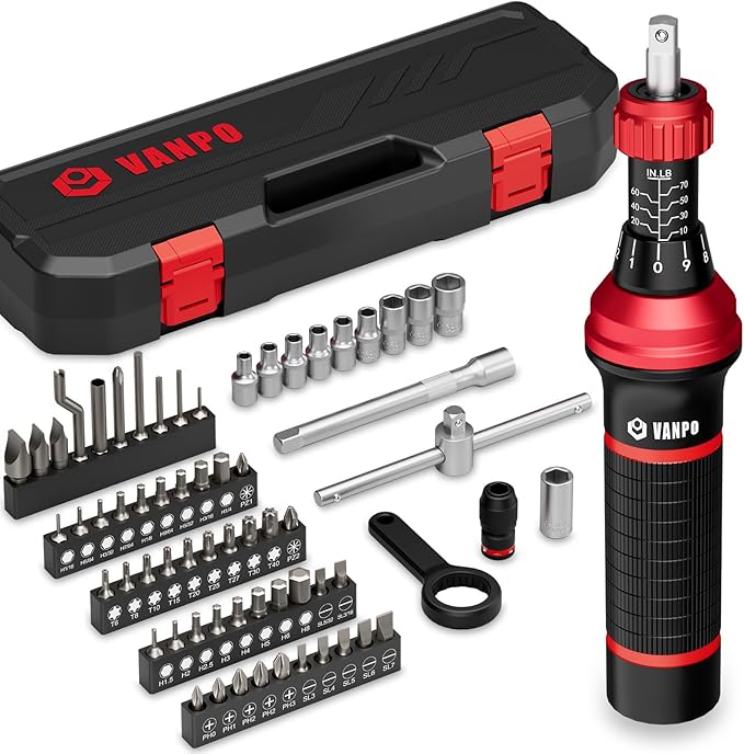 Torque Screwdriver, 64 Pcs 10-70 Inch Pound Torque Screwdriver Set with T-Bar & S2 Bits, Accurate 1/4" Small Torque Wrench Screwdriver for Bike, Scope Mounting & Device Assembly