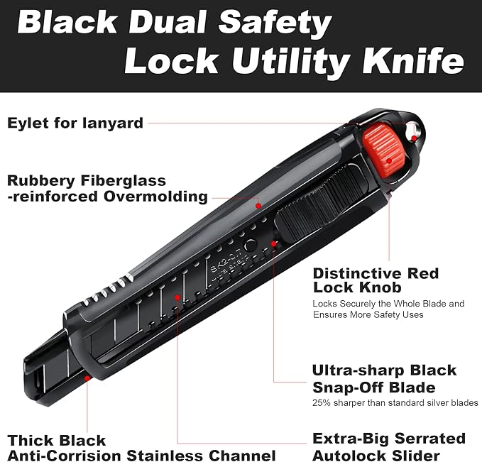HAUTMEC 18mm Utility Knife, Heavy Duty Box Cutter with Double Lock Mechanism, SK2 Sharp Black Blade with 10pc Blade Set, Double Safety, for Industrial or Construction Applications HT0153-KN