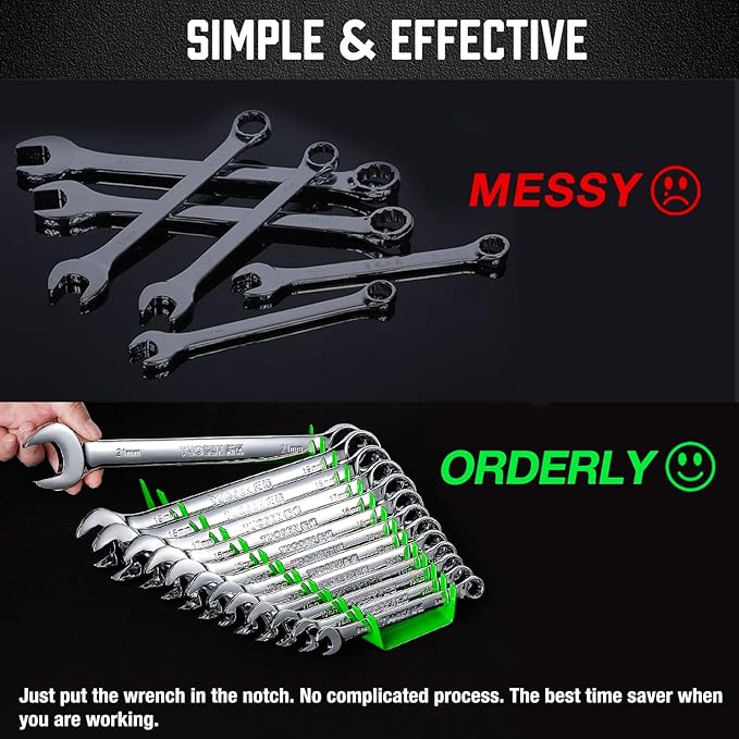 ALOANES 104-Slot Metal Wrench Organizer, Heavy Duty Wrench Organizer Tray for Tool Box, Fit SAE & Metric Wrench Storage, 8 Pack Wrench Holders(Green)