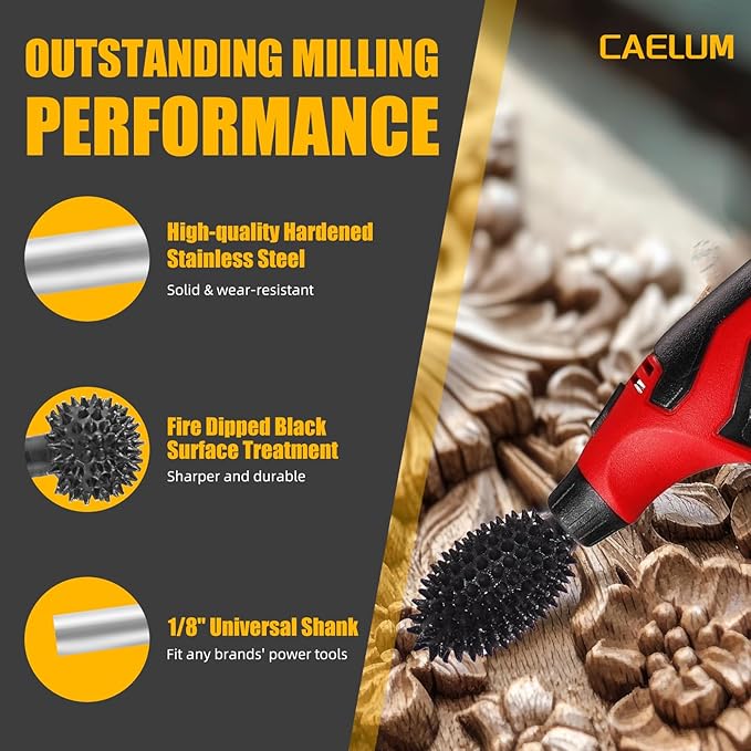 CAELUM 2 Pcs Rotary Burr Kit, 1/8" Shaft, Very Coarse - Woodworking Attachment for Dremel, Foredom, DeWalt, Milwaukee Tools, Carving Burrs for Carving Engraving in Wood, Rubber, Plastic
