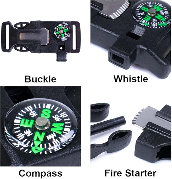 3/4 Inch Survival Buckle - Emergency Whistle, Flint Scraper, Compass, and Fire Starter - Available in 5, 10, 25 Packs