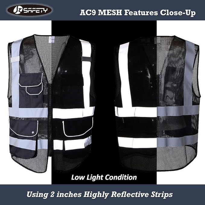 JKSafety 9 Pockets High Visibility Zipper Front Safety Vest With Reflective Strips,HQ Breathable Mesh, Oxford Fabric for pocket materials. Black Meets ANSI/ISEA Standards (XX-Large, 110-Black)