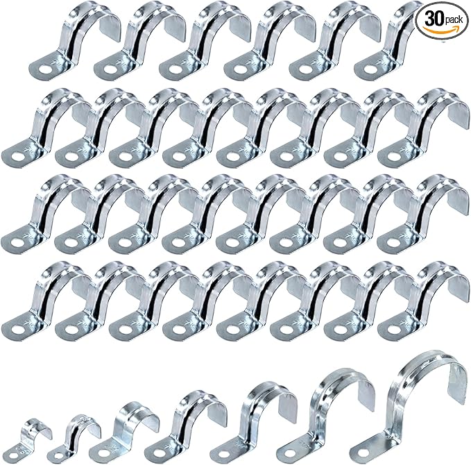 Swpeet 30Pcs 1-1/4"(32mm) Zinc Plated One Hole EMT Pipe Strap Kit, Pipe Straps U Bracket Tube Strap Pipe Clamp 1 Hole Snap On Pipe Strap Conduit Clamps Tension Clips for Fixing EMT Conduit Pipe