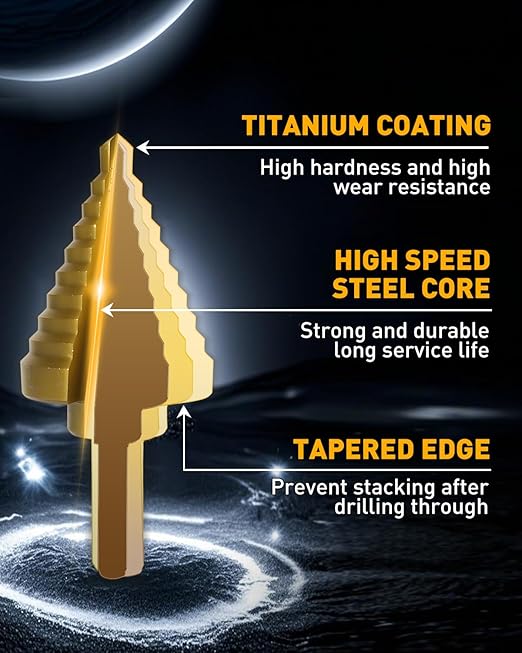 COMOWARE Step Drill Bit for Metal, Titanium Coated, Double Cutting Blades, High Speed Steel, Short Length Drill Bit, Total 10 Sizes from 1/4” to 1-3/8", for Steel Sheets Aluminum Copper Plastic Wood