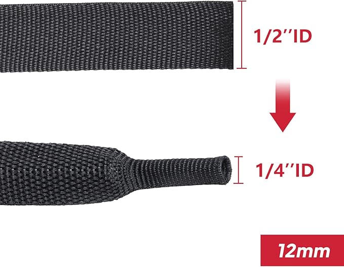 Braided Heat Shrink Tubing Black 2 in 1 Automotive Shrinkable Cloth Wire Loom Hose Cover Management Protector (1/2"-15ft)