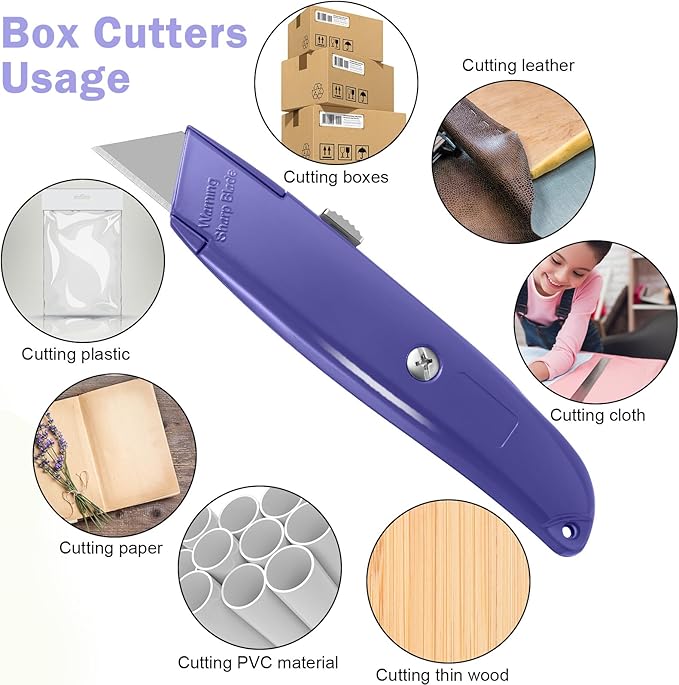 Reginary 20 Pcs Box Cutter Bulk Retractable Utility Knife Heavy Duty Aluminum Alloy Razor Knife for Cardboard Box Carton Opener for DIY, Factory, Home Office(Purple)