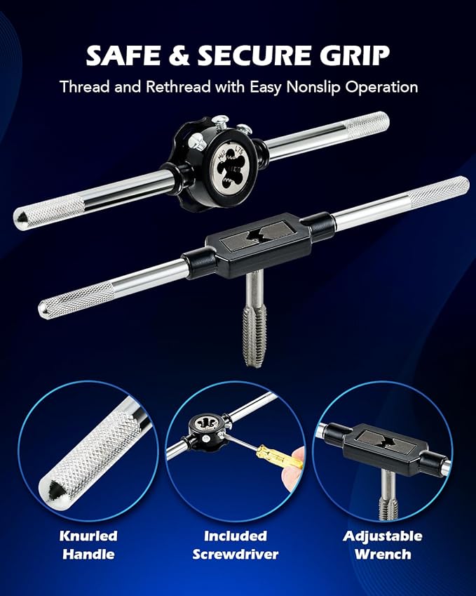 Orion Motor Tech 60 PCS Tap and Die Set Metric and Standard Sizes Included Tap Die Kit Metric and SAE for Threading and Rethreading Internal and External Threads