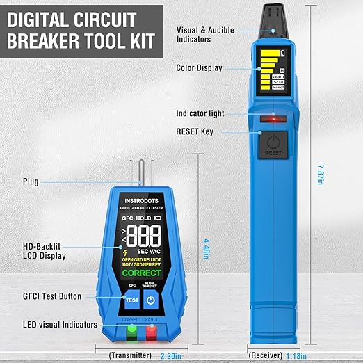 Circuit Breaker Finder, Digital Breaker Finder with GFCI Outlet Tester, AC 90-135V Electrical Circuit Tracer with Buzzer Alarm & Color LCD Display, Includes Batteries & Carrying Case