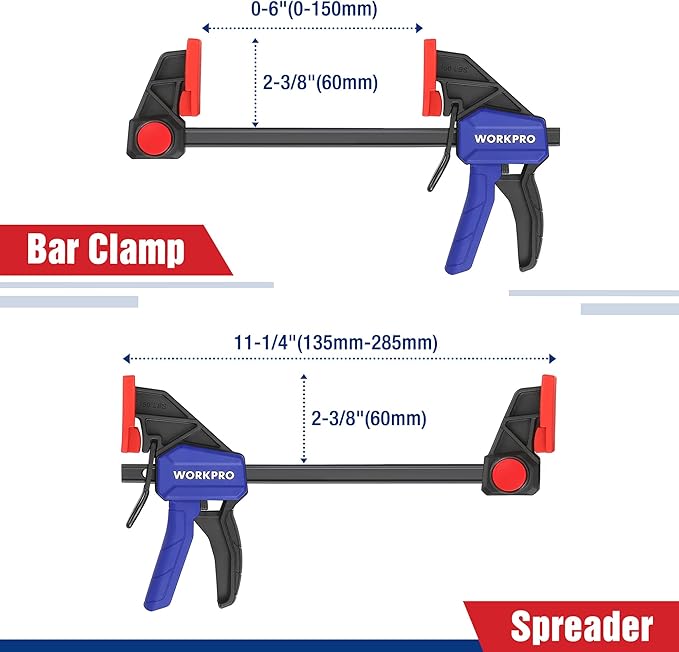 WORKPRO 6" Clamps for Woodworking 2-Pack, Quick-Release Wood Clamps/Spreader Light Duty, One Hand 150 LBS Load Limit, Ideal for Woodworking and DIY Projects