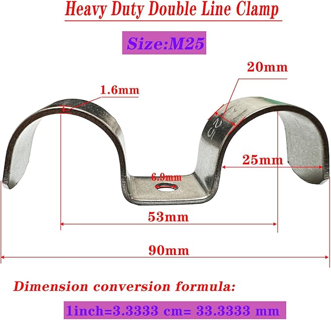 6pcs 25mm(1 inch) Double Line Clamp Heavy Duty 1 Hole Conduit Strap 304 Stainless Steel M-Type Pipe Strap For Wire Pipe Cord Installation