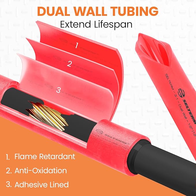 SELTERM 1/2" Red [50 Feet] Marine Grade Heat Shrink Tubing Roll, 3:1 Ratio Dual Wall Adhesive Lined Waterproof Heat Shrink Wrap Tube, for Battery Cable Lugs Wire Terminals Connectors