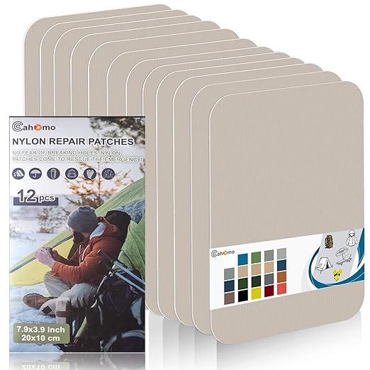 7.9x3.9 inch 12 PCS Nylon Repair Patch Nylon Repair Tape Self Adhesive Fabric Tapes Outdoor Camping Gear Fabric kit for Tent, Umbrella, Down Jackets, Sleeping Bag, Knapsack（Beige White）