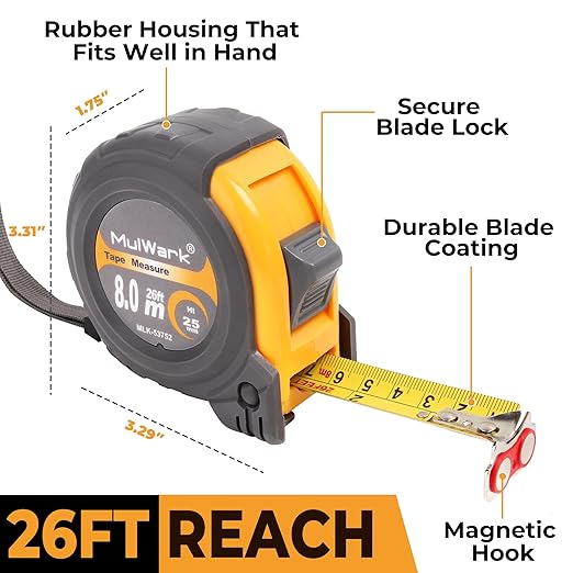 MulWark 4 Pack Metric Tape Measure, Easy Read Measuring Tape Retractable with Fractions 1/8, Both-Side Metal Blade, Magnetic Hook & Shockproof Case for Construction, Carpenter, Architect, Woodworking